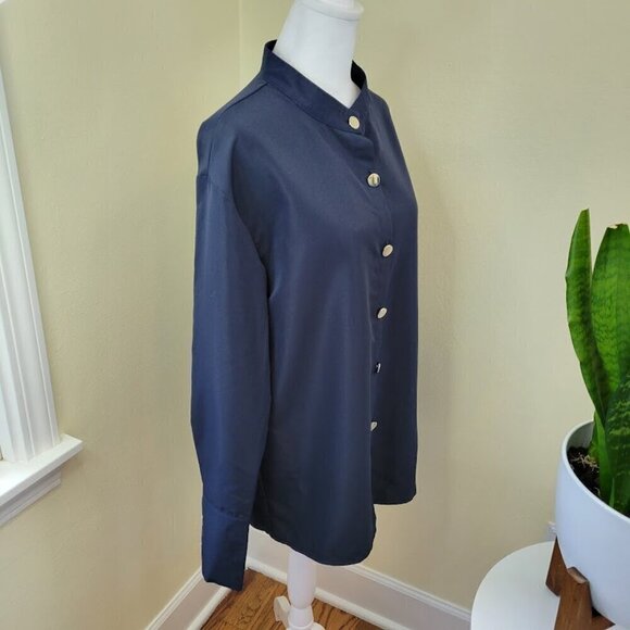Shein Stand Up Collar Long Sleeve Blouse SZ L Button Up/Button Cuffs Blue Shirt - Picture 10 of 13